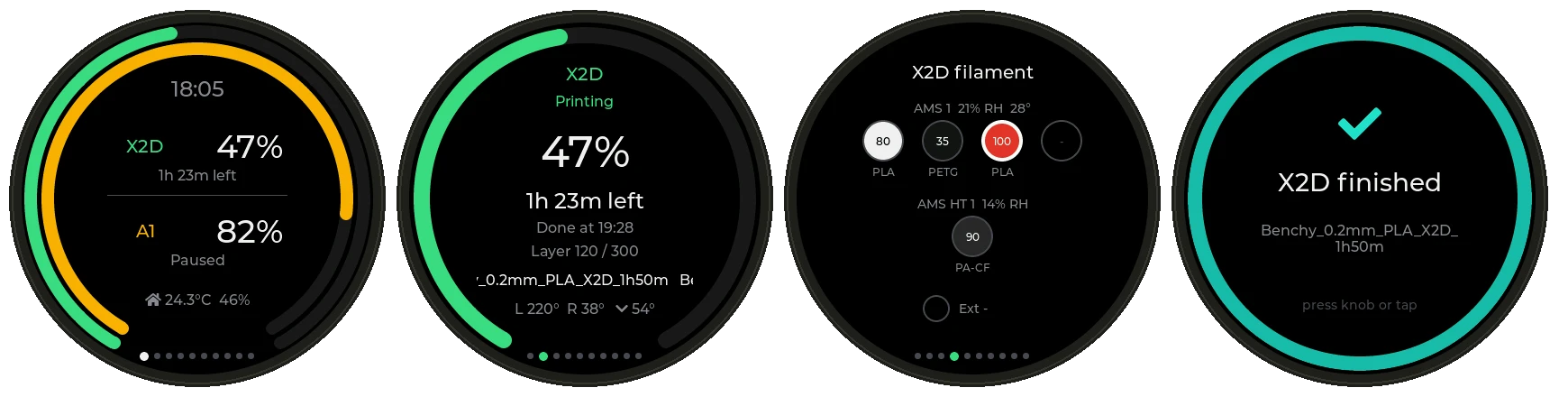 Bambu Monitor's overview, status, filament and alert screens