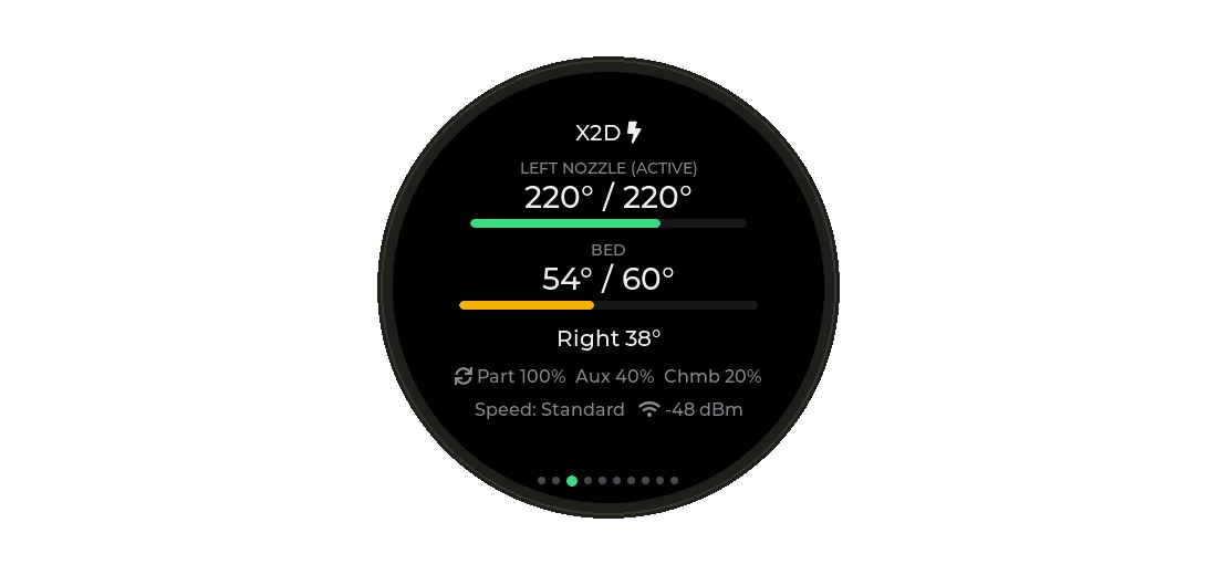 Temperatures page showing the active left nozzle and the idle right one
