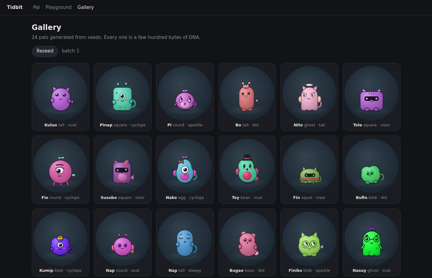 24 random pals in the gallery, each one a few hundred bytes of DNA