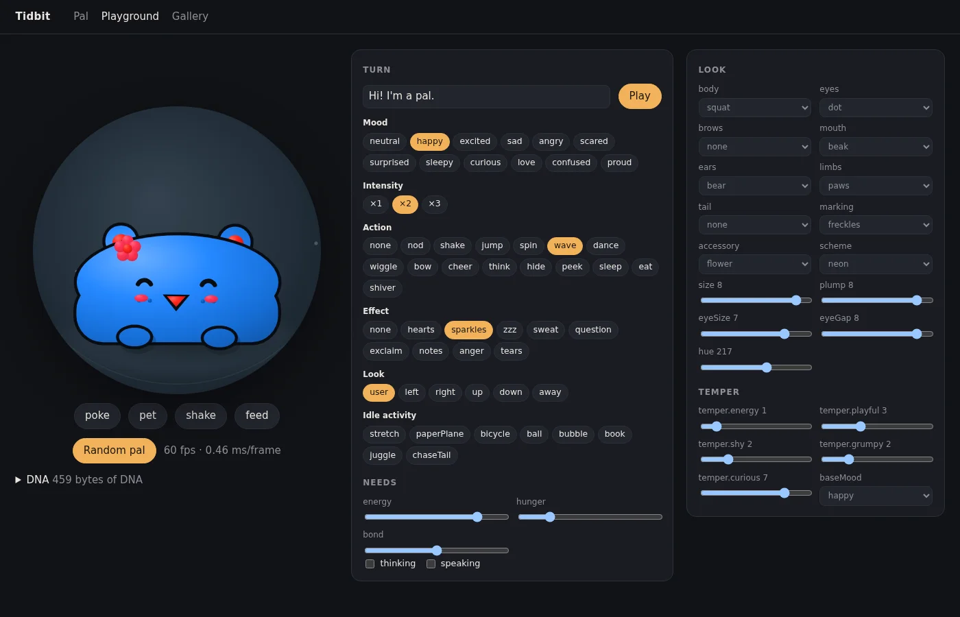 The playground: every mood, gesture, effect and body part the model can choose from, as buttons